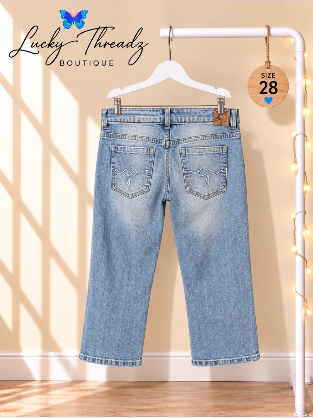 Vintage Y2K Guess Light Wash Crop Jeans 28 Embroidered Pocket Denim